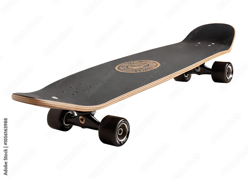 Longboard skateboard PNG with a black deck and a vintage-style logo, perfect for cruising, skateboarding, or outdoor activities.