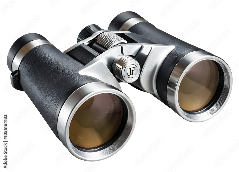 Pair of binoculars PNG with black body and silver accents, perfect for outdoor adventures, birdwatching, or exploring. Ideal for travel, nature, or observation-themed projects.