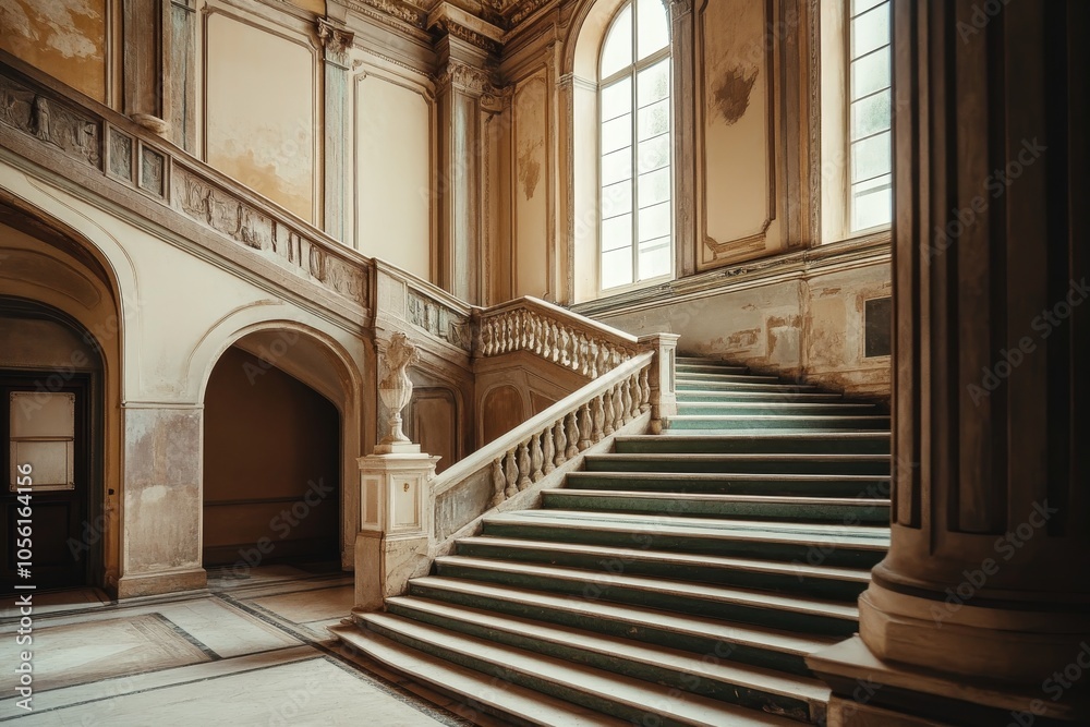 Fototapeta premium Elegant interior of an old italian palace featuring a grand marble staircase with green accents.