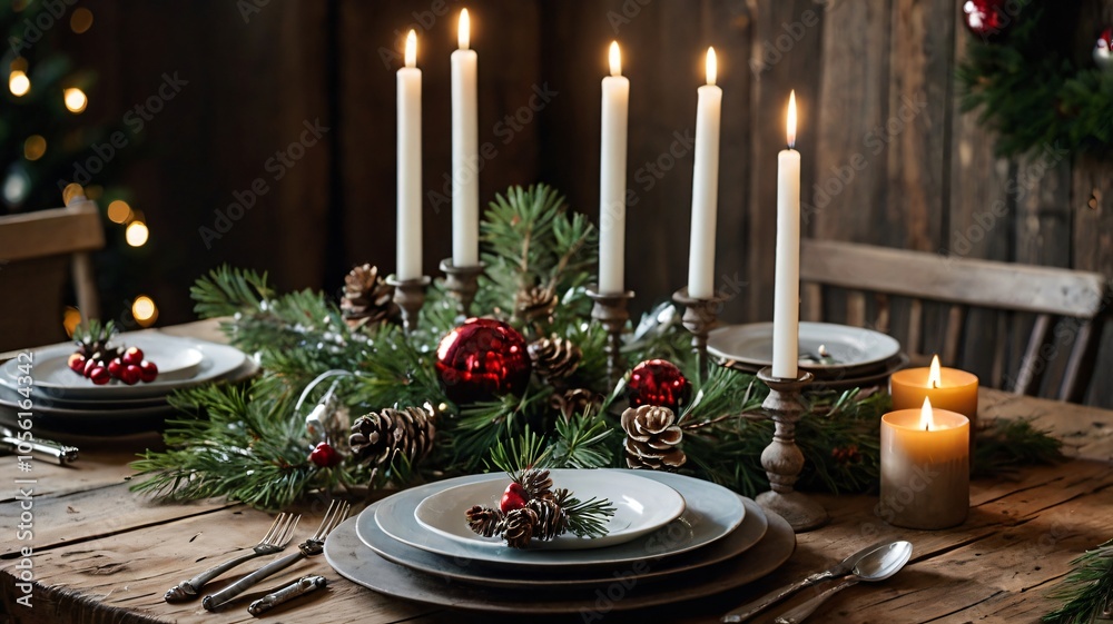 Festive dining table elegantly arranged with candles, pine greenery, and ornaments for a cozy Christmas celebration at home Festive dining table elegantly arranged with candles, pine greenery, and ornaments for a cozy Christmas celebration at home