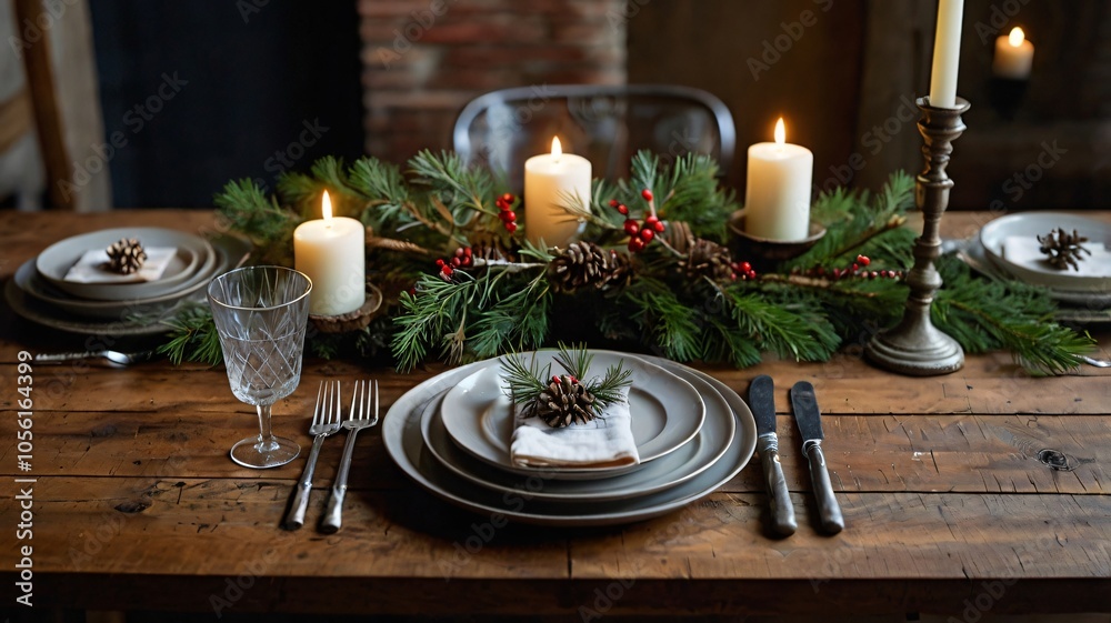 Elegant holiday dining table arrangement with candles, pine branches, and festive decor in a rustic setting
