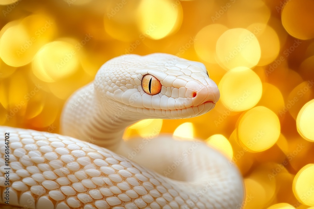 Fototapeta premium Serene albino snake against golden bokeh a symbol of luck, renewal, and transformation