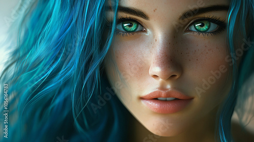 Woman with blue hair and emerald-green eyes photo