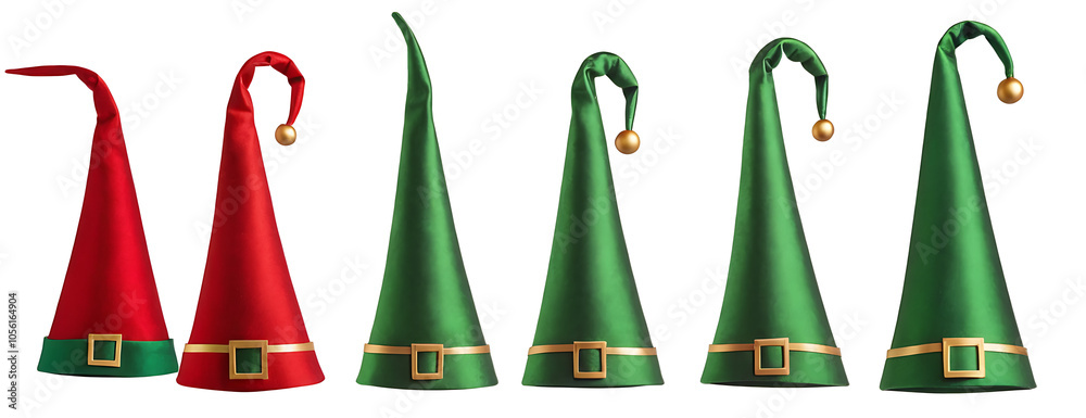 Set of five Christmas elf hats PNG in red and green with jingle bells and gold accents, perfect for holiday costumes, festive decorations, or whimsical designs.