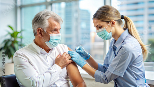 Nurse administering vaccination to elderly patient in a modern clinic for healthcare service