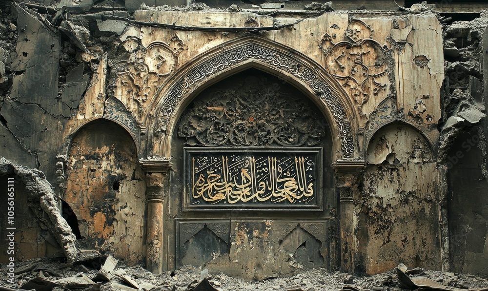 Obraz premium Damaged stone archway with Arabic script.