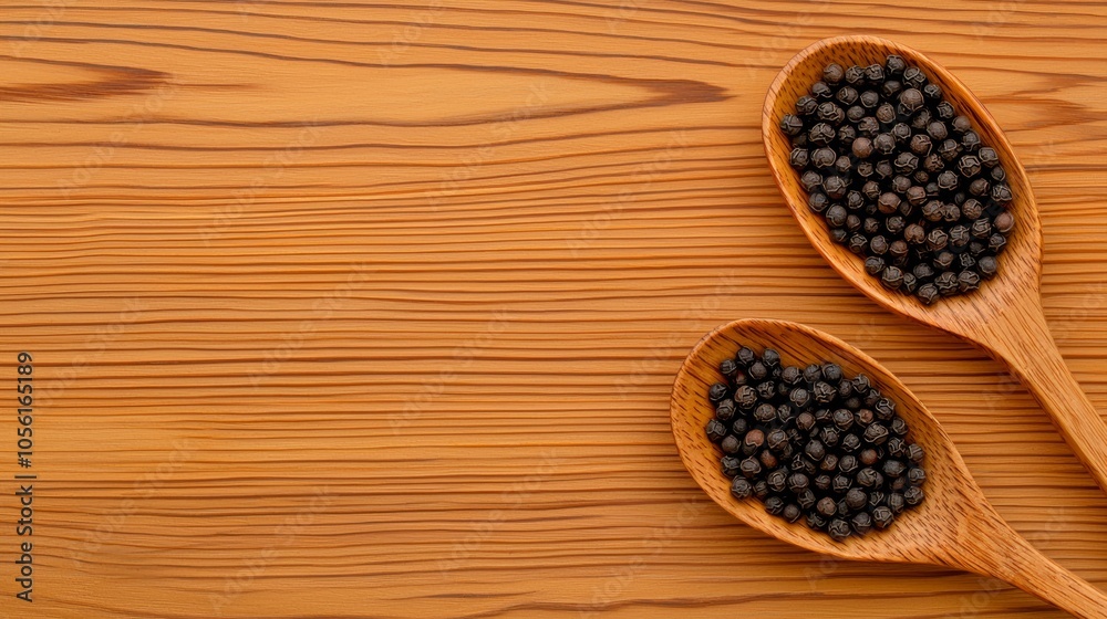 Black Pepper Spices in Wooden Spoons on Wooden Table Black Pepper Spices in Wooden Spoons on Wooden Table