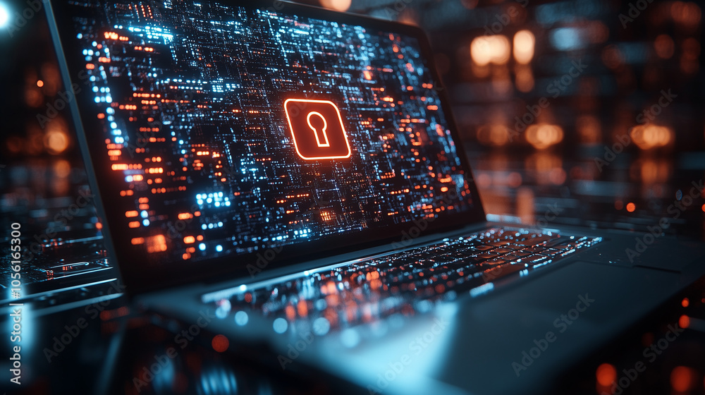 Close up of laptop with lock graphics on screen in futuristic digital environment Close up of laptop with lock graphics on screen in futuristic digital environment