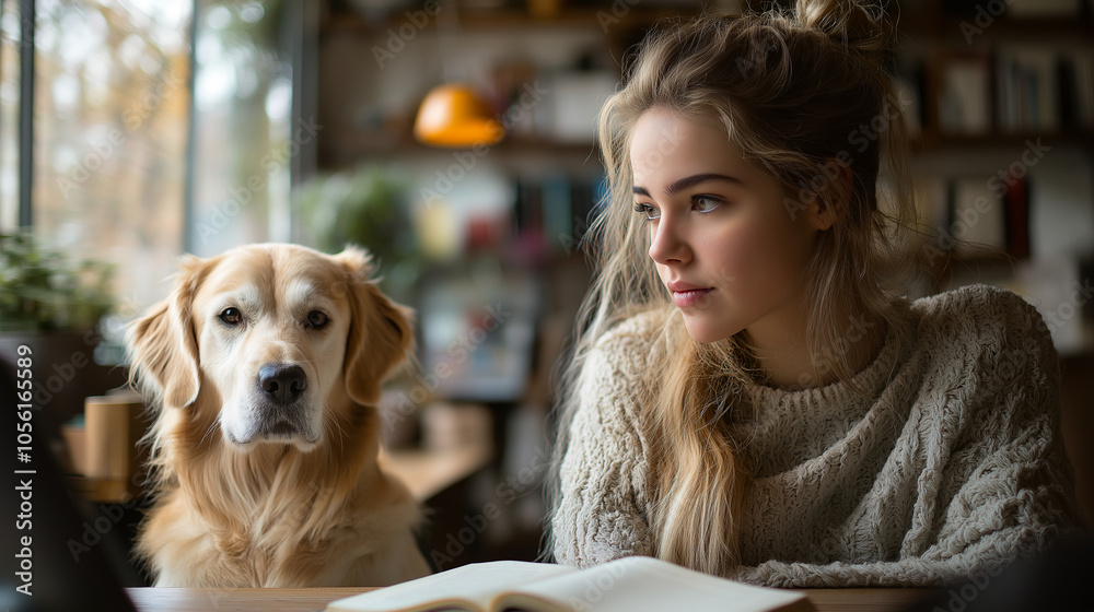 Woman sitting at home with her dog, lost in thought Woman sitting at home with her dog, lost in thought