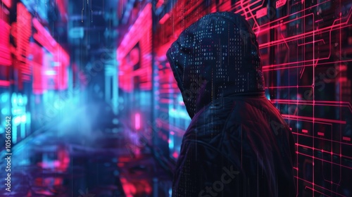 Futuristic hacker breaking into a neon-lit computer system