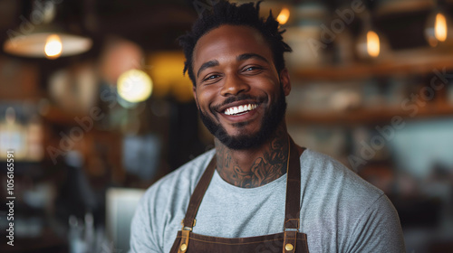 Smiling African-American man working in coffee shop as a barista