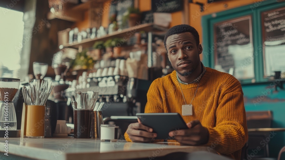 A young black man in a bright orange sweater sits comfortably at a coffee shop table, focused on his tablet. The shop is warm and inviting, filled with plants and various coffee-making equipment. A young black man in a bright orange sweater sits comfortably at a coffee shop table, focused on his tablet. The shop is warm and inviting, filled with plants and various coffee-making equipment.