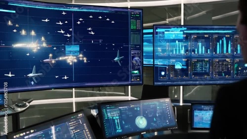 A futuristic AI-guided air traffic control system managing planes in the sky (no people).