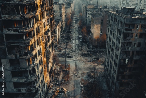 Panoramic daytime view of a modern cityscape in ruins  an apocalyptic high angle perspective photo