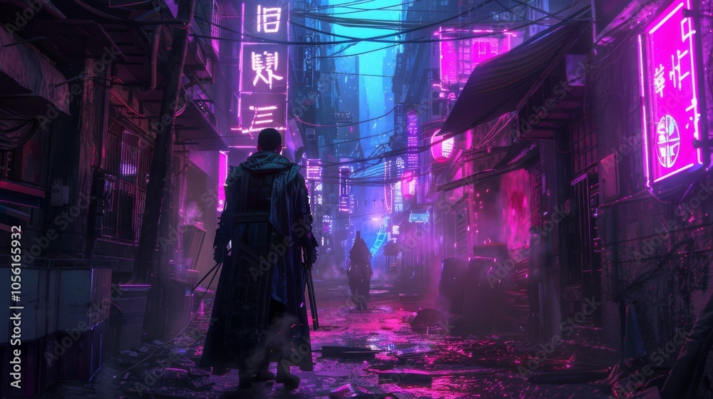 Futuristic street samurai in a cyberpunk alley Futuristic street samurai in a cyberpunk alley