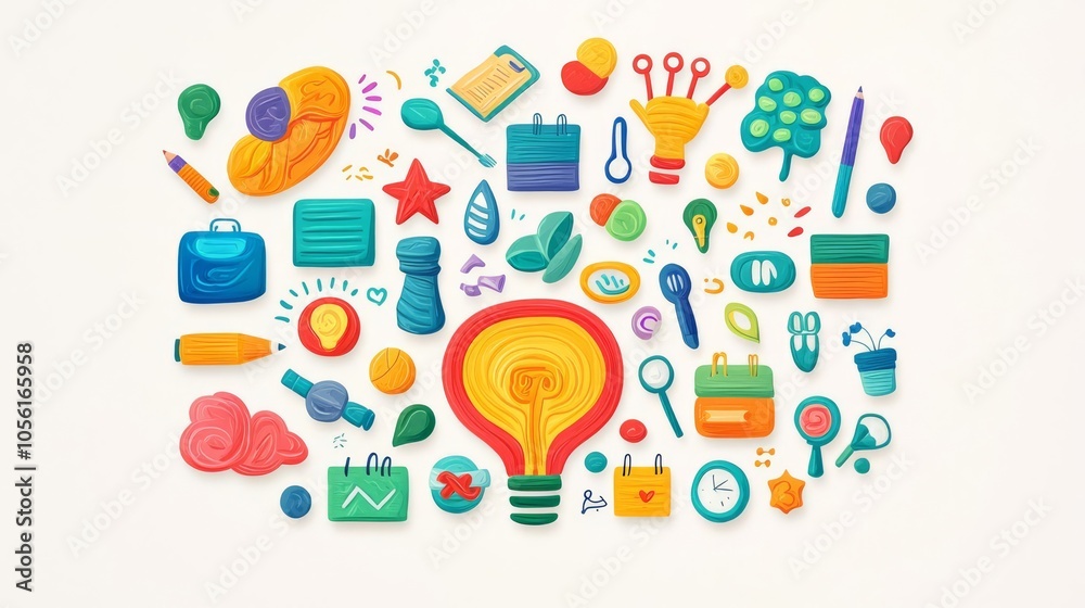 Colorful collection of icons representing creativity, ideas, and organization in a playful design for various projects. Colorful collection of icons representing creativity, ideas, and organization in a playful design for various projects.