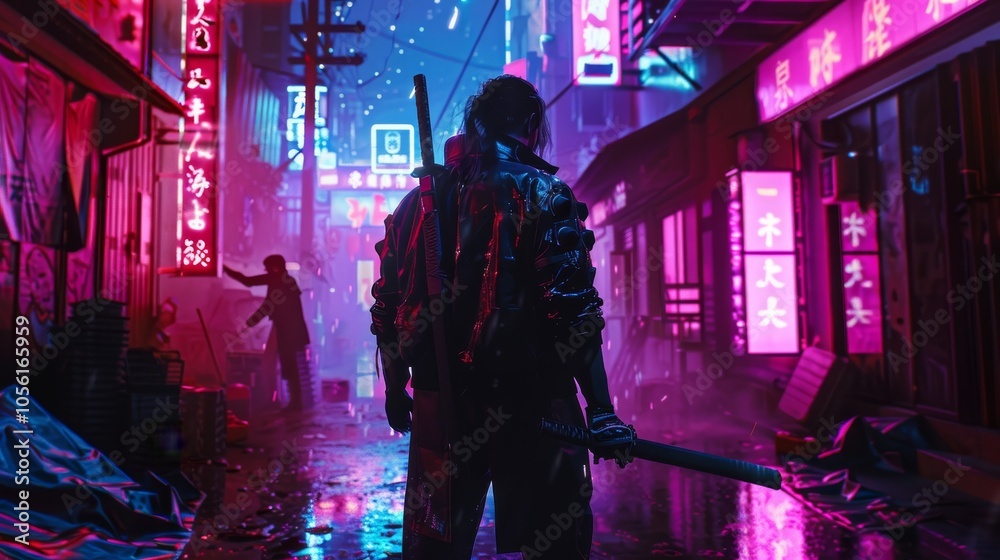 Futuristic street samurai in a cyberpunk alley Futuristic street samurai in a cyberpunk alley