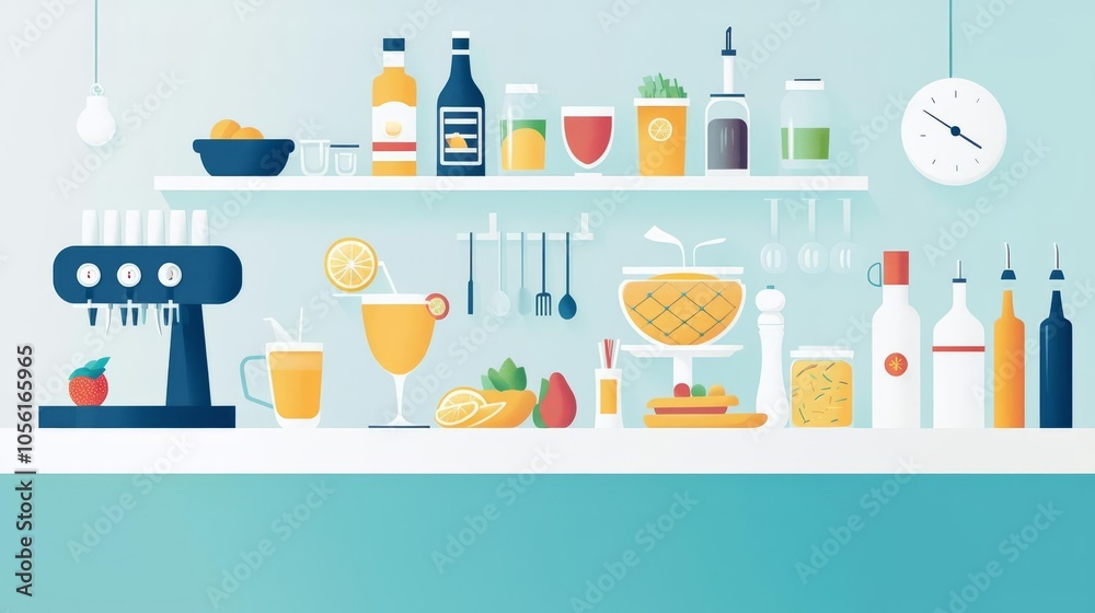 A colorful kitchen illustration featuring drinks, fruits, and kitchenware on a stylish counter. A colorful kitchen illustration featuring drinks, fruits, and kitchenware on a stylish counter.