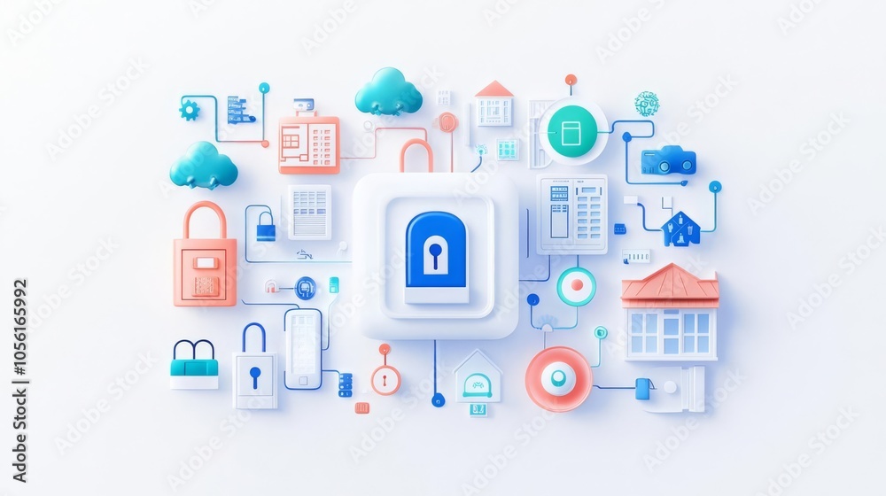 A digital representation of security concepts, featuring a lock symbol surrounded by icons of technology and protection. A digital representation of security concepts, featuring a lock symbol surrounded by icons of technology and protection.