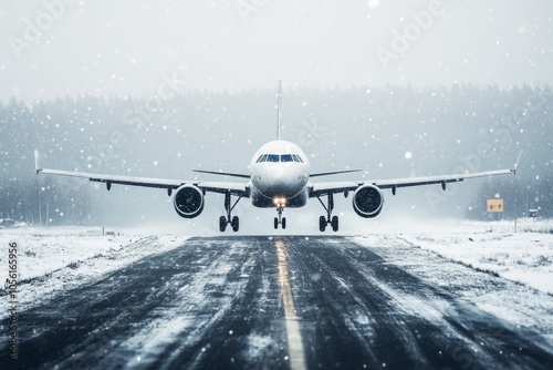 Commercial white airplane ascends above snow covered runway at airport during takeoff