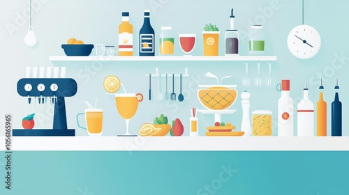 A colorful kitchen illustration featuring drinks, fruits, and kitchenware on a stylish counter.