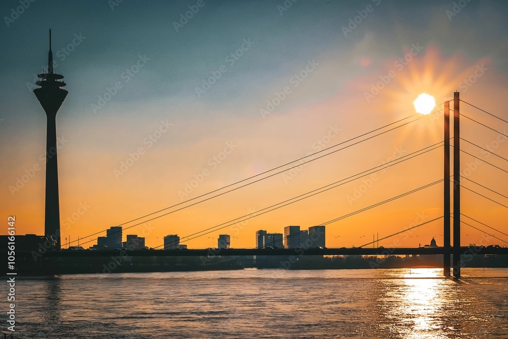 Fototapeta premium Bright sunset over the Rhine with Dusseldorf cityscape in the background, Germany