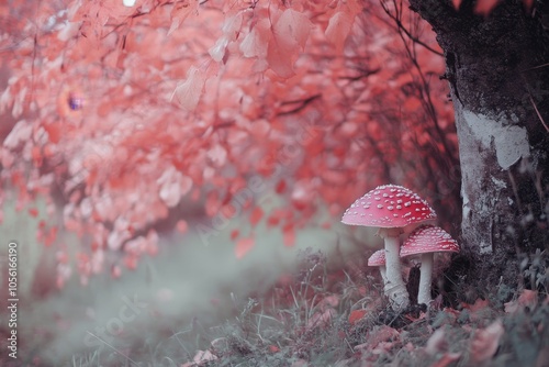 Enchanting scene of red mushrooms amidst pink leaved trees and pale green grass in the fey wild photo