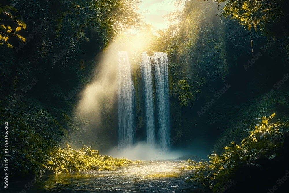 Sunlit Waterfall Cascading Through Lush Jungle Sunlit Waterfall Cascading Through Lush Jungle