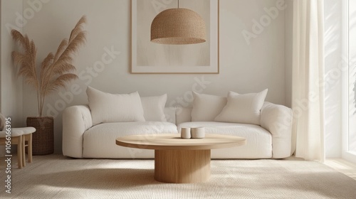 A clean and modern Scandinavian living room featuring a round wood coffee table