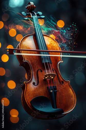 A close-up of a violin being played with colorful lights in a soft-focus background