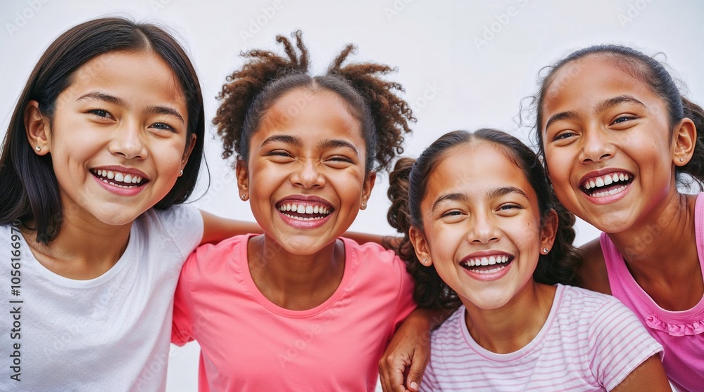 A vibrant photo of diverse girls, laughing and enjoying each other's company. Their unique expressions, hairstyles, and features highlight individuality and the joy of friendship. A vibrant photo of diverse girls, laughing and enjoying each other's company. Their unique expressions, hairstyles, and features highlight individuality and the joy of friendship.