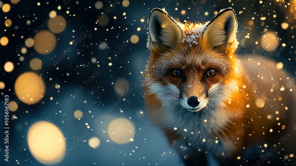 A sharp focus on a fox's face, blanketed in snow, amidst a hazy backdrop of falling snowflakes A sharp focus on a fox's face, blanketed in snow, amidst a hazy backdrop of falling snowflakes