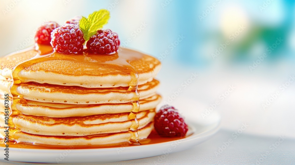 Stack of fluffy pancakes topped with raspberries and drizzled with syrup, AI Stack of fluffy pancakes topped with raspberries and drizzled with syrup, AI