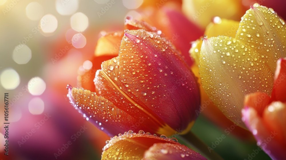 A high-definition close-up of tulips in full bloom, adorned A high-definition close-up of tulips in full bloom, adorned