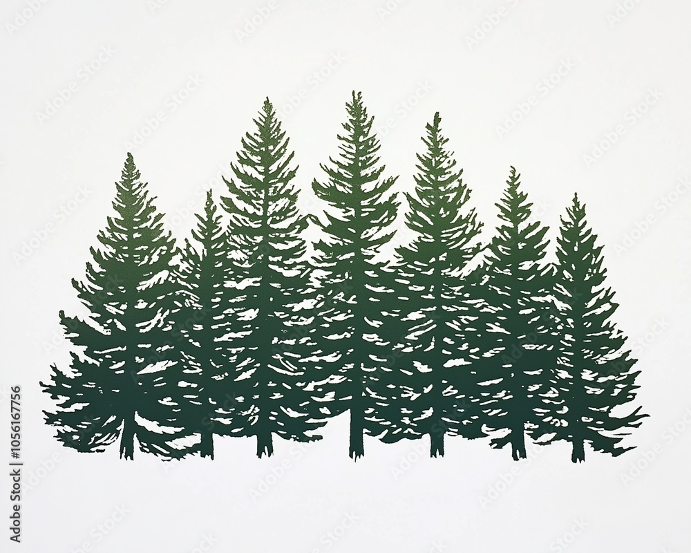 group of pine trees in a forest depicted in a linocut illustration style. The trees are sketched in a simple, bold manner, using only shades of green and white, giving a textured and handcrafted feel group of pine trees in a forest depicted in a linocut illustration style. The trees are sketched in a simple, bold manner, using only shades of green and white, giving a textured and handcrafted feel