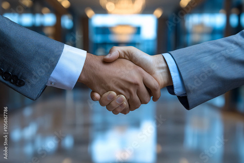 Two businessmen seal a deal with a handshake, symbolizing success and cooperation.