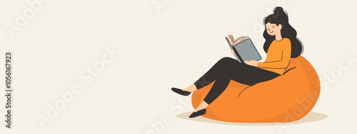 vector girl reading book on bean bag chair .Generative AI