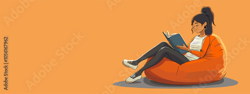 vector girl reading book on bean bag chair .Generative AI