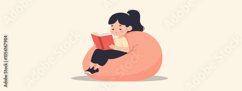 vector girl reading book on bean bag chair .Generative AI