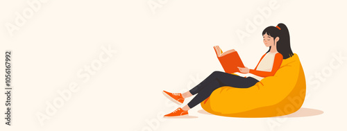 vector girl reading book on bean bag chair .Generative AI