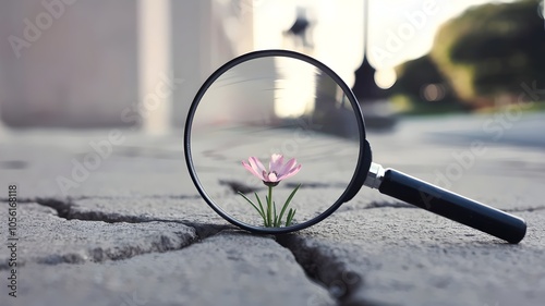 Magnifying glass over blooming flower in sidewalk cracks, symbolizing small beauties