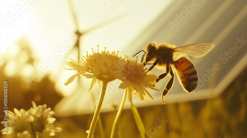 Bee Pollinating Flower with Solar Panel and Wind Turbine in Background