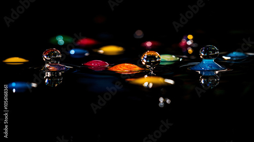 Close-Up of Colorful Water Droplets on Dark Reflective Surface