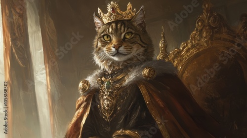 A majestic feline with a gold crown and cape, ruling from photo