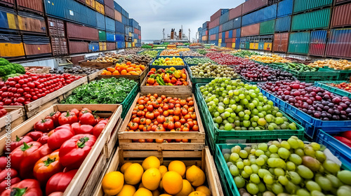 Fototapeta Naklejka Na Ścianę i Meble -  Fresh fruits and vegetables displayed in colorful crates at a bustling port market