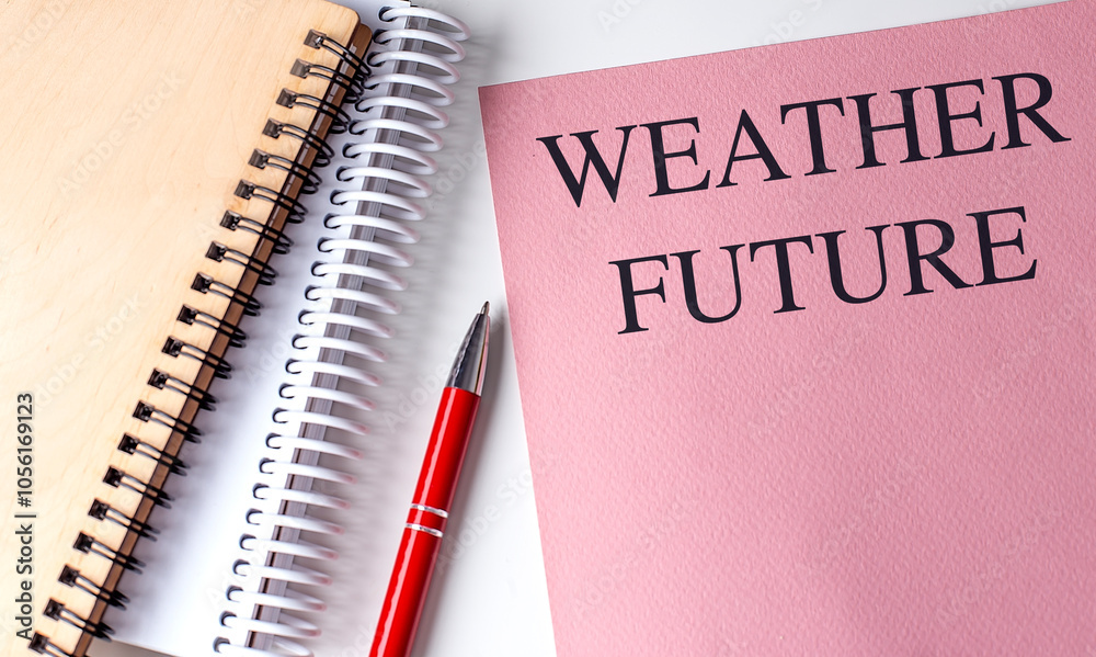 Weather future concept with text on a pink notebook, red pen, and spiral notebooks on a white background Weather future concept with text on a pink notebook, red pen, and spiral notebooks on a white background