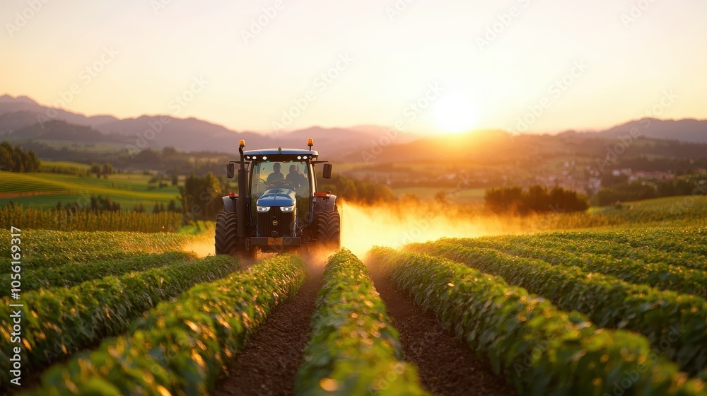 A powerful tractor plowing rows of a vibrant green field during a picturesque sunset, casting a warm glow over the farmland landscape and distant hills. A powerful tractor plowing rows of a vibrant green field during a picturesque sunset, casting a warm glow over the farmland landscape and distant hills.