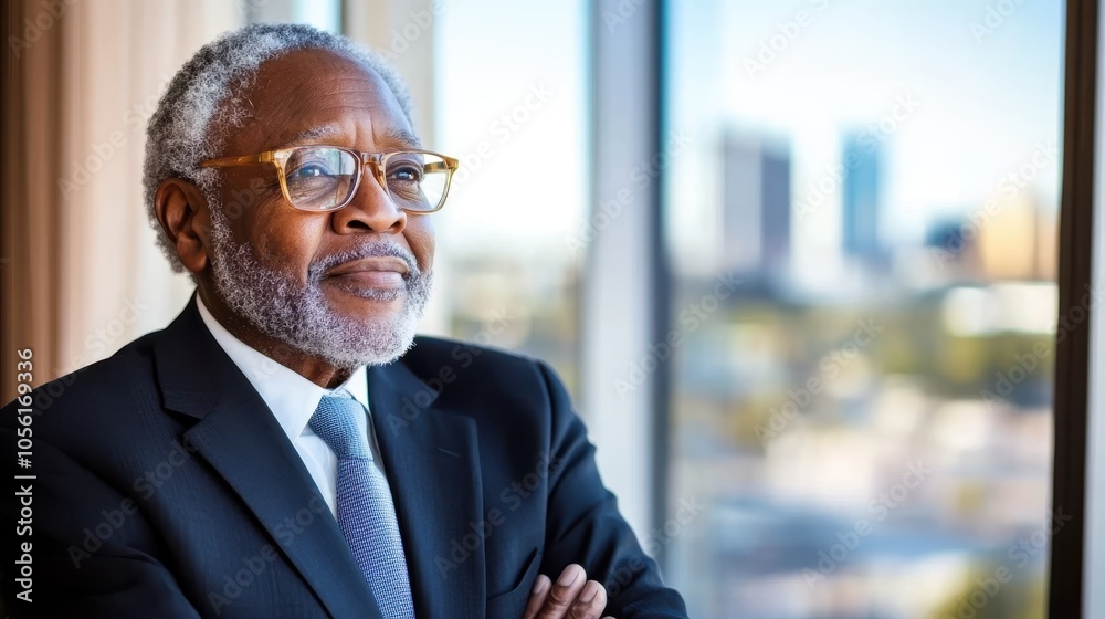 An older professional gentleman in a suit stands near a window, arms crossed. He looks out thoughtfully, the cityscape blurred in the background behind him. An older professional gentleman in a suit stands near a window, arms crossed. He looks out thoughtfully, the cityscape blurred in the background behind him.