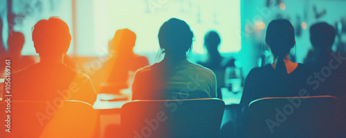 People attending a workshop sitting at a table with colorful lighting in a modern setting