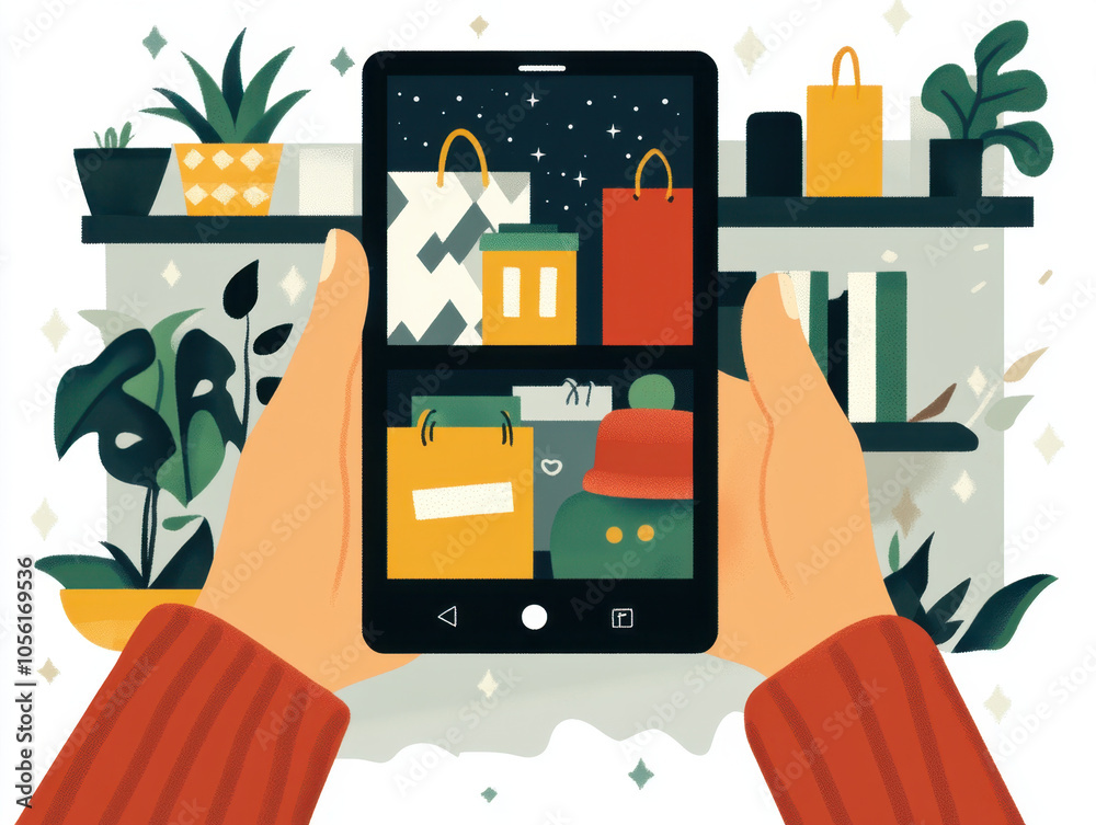 A colorful illustration of hands holding a smartphone displaying shopping bags against a backdrop of plants and shelves. A colorful illustration of hands holding a smartphone displaying shopping bags against a backdrop of plants and shelves.